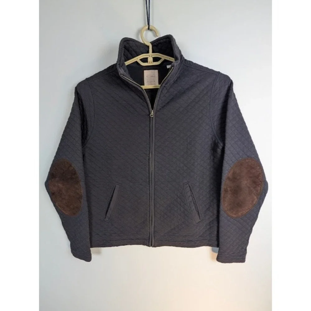Billy Reid Quilted Full Zip Jacket Mens SMALL Blue w/ Brown Elbow Patches